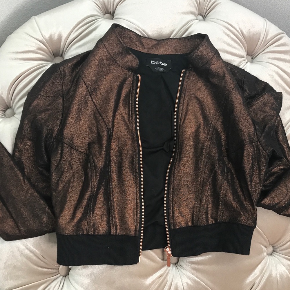 Bebe cropped zip jacket metallic copper